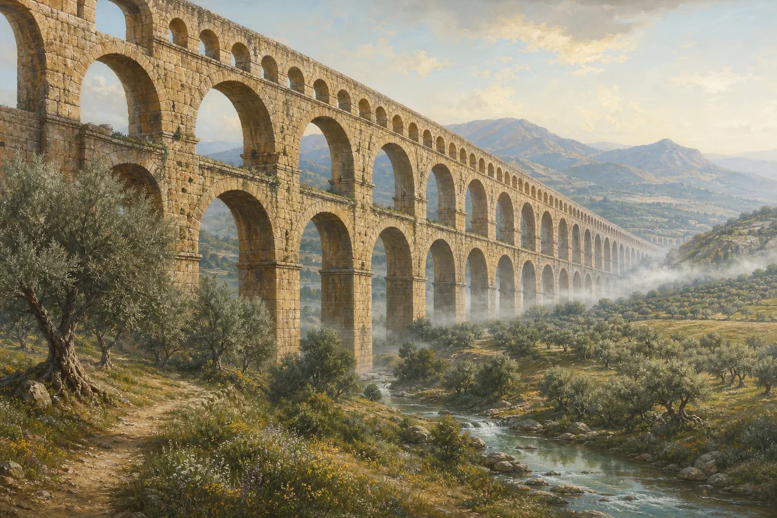 An ancient aqueduct striding across a green valley at dawn