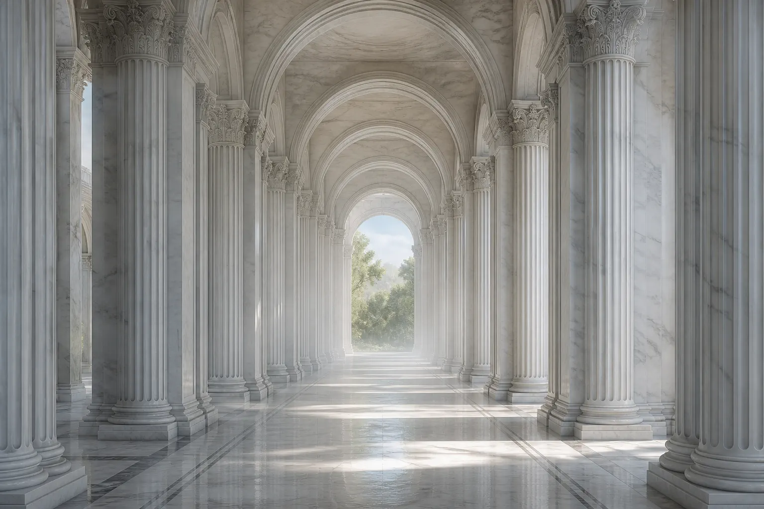 A long marble colonnade receding toward a bright garden opening