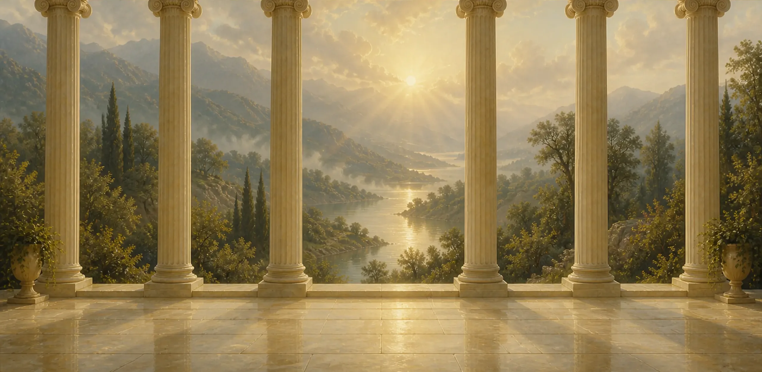 A wide marble colonnade opening onto a misty river valley at dawn