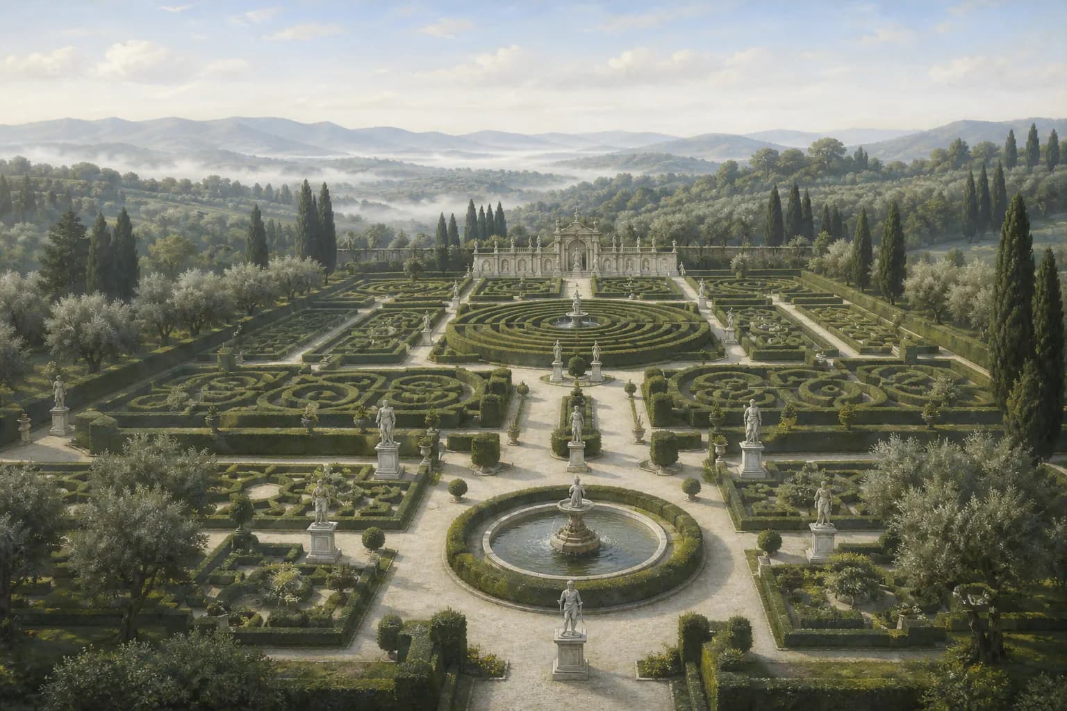 An elevated view over a formal garden laid out as a geometric hedge labyrinth