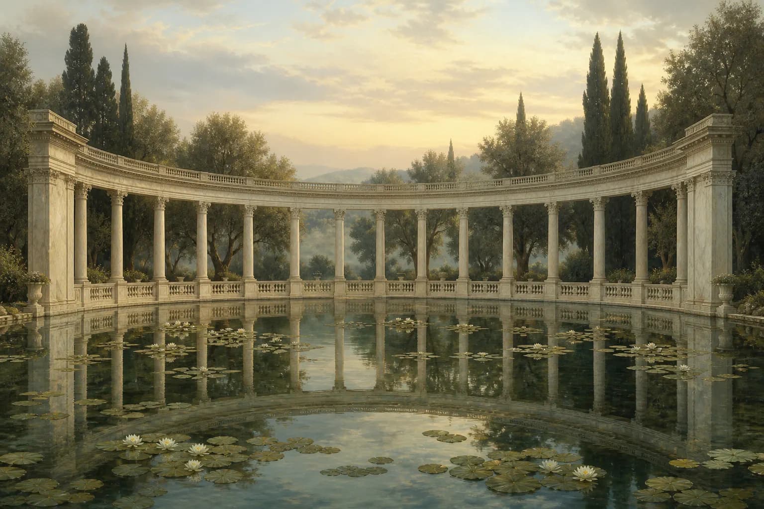 A semicircular marble colonnade reflected in a still lily pool at dawn