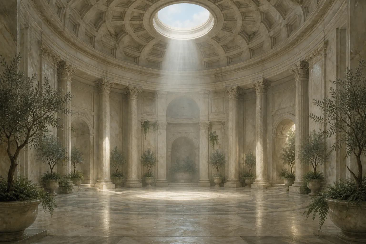 Light falling through the oculus of a marble rotunda