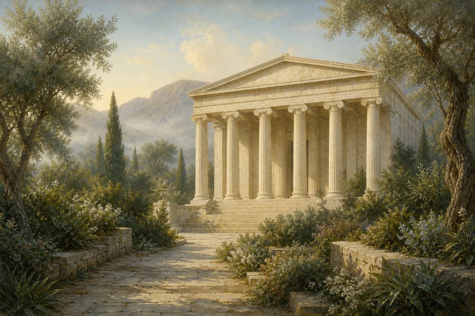A classical marble temple portico at the end of a garden path